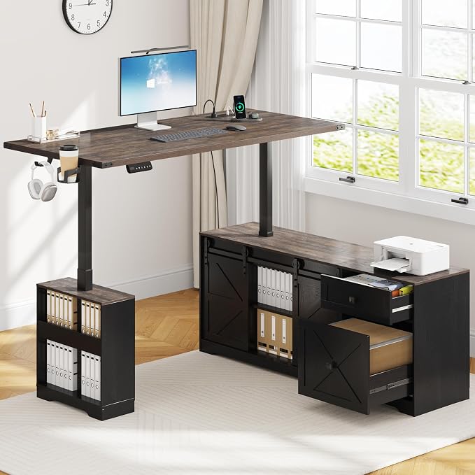 St.Mandyu L Shaped Electric Standing Desk 63" Black with Power & Storage | File drawer, sliding door cabinet, cup holder, height adjustable, sturdy wood frame, home office for work/study/writing