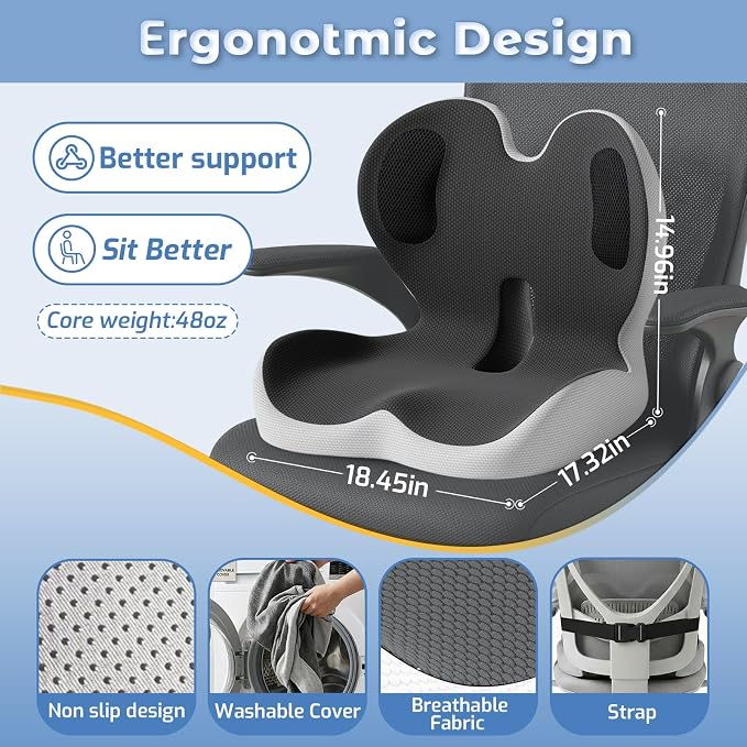 Seat Cushion,Memory Foam Chair Cushion for Office and Car,Ergonomic Coccyx Seat Cushion for Tailbone,Sciatic Nerve,Lower Back Pressure Relief,Lumbar Support Pilow for Office,Car,Truck,Desk Chair