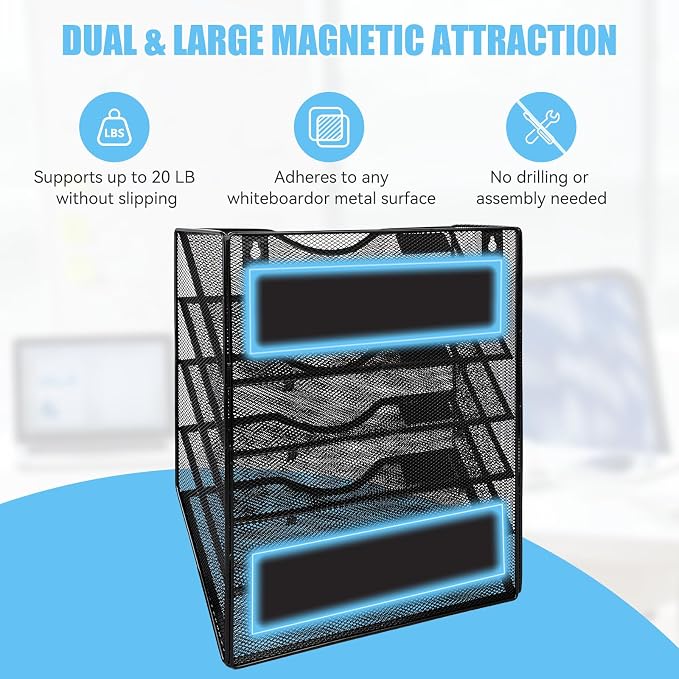 Magnetic File Holder,No Assembly Required & No Drilling,Hanging Magnetic File Organizer,Magnetic Mail Paper Folder Holder for Refrigerator,Whiteboard,File Cabinets (5-Tier)