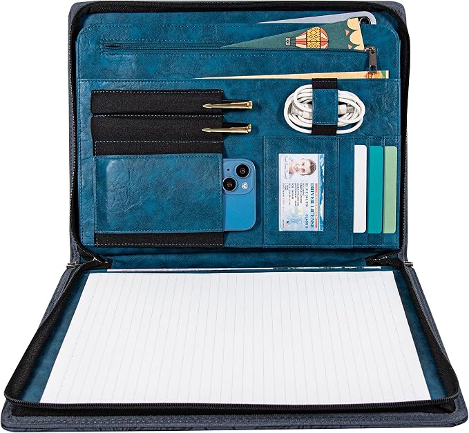 Dark Blue Embossed Portfolio Binder,Padfolio for Men and Women,Vegan PU Leather Padfolio with Zipper,A4 Planner Folder with Laptop Pocket, WorkBinder Organizer for Resume/Interview