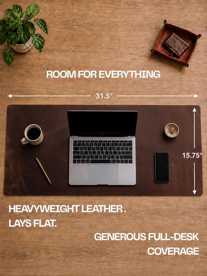Genuine Leather Desk Pad, Office Desk Mat, Large Desk Blotter, Desk Protector, and Mouse Pad – 31.5" x 15.75" (1.8-2.0 mm) Mocha, Waterproof, Premium Quality for Desk Surface Protection and Comfort.