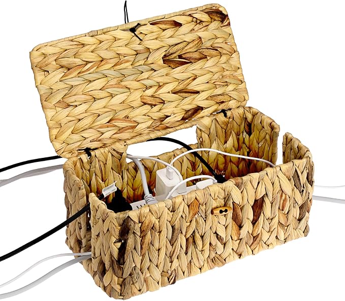 BTSKY Woven Cable Management Box with Lid Water Hyacinth Cord Organizer, L | Cable Organizer Box with 2-Open Slots to Hide Power Strips USB Hubs for Desk, Home & Office, Pet Proofing Cord Basket