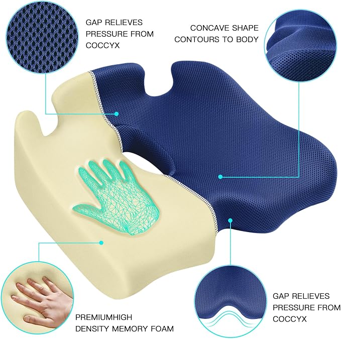 Benazcap X Large Memory Seat Cushion, Sciatica Pain Relief, Blue | Ergonomic design, Office Chair, Memory Foam Firm for Car, Wheelchair, Gaming Chair and Desk Chair