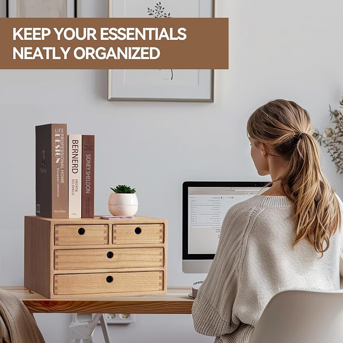 KIRIGEN Wood Desk Organizer with 4 Drawers, Desktop Storage, Natural 34-NA | 3-Tier Solid Wood Cabinet Holds Letter-Size Paper, Mail, Makeup, Crafts, and Home Office Supplies, Fully Assembled