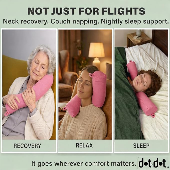 Dot&Dot Twist Memory Foam Travel Pillow, Bendable Neck Pillow for Airplane, Car and Home, 26-Inch Adjustable Roll with Washable Cotton Cover, Pink