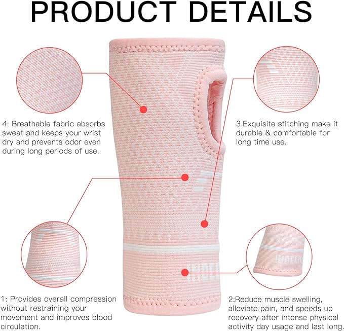 INDEEMAX Copper Wrist Compression Sleeve 1 Pair, Comfortable Hand Brace Support for Arthritis, Tendonitis, Sprains, Workout, Carpal Tunnel - Left & Right - Women and Men (Pink, M)