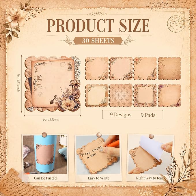 9 Pcs Scalloped Aesthetic Sticky Notes 3x3 Inch Vintage Colors Cute Wavy Self Sticky Note Pads Memo Pads for Journal School Office Supplies Decoupage Craft Stationery Gift (Vintage Brown)