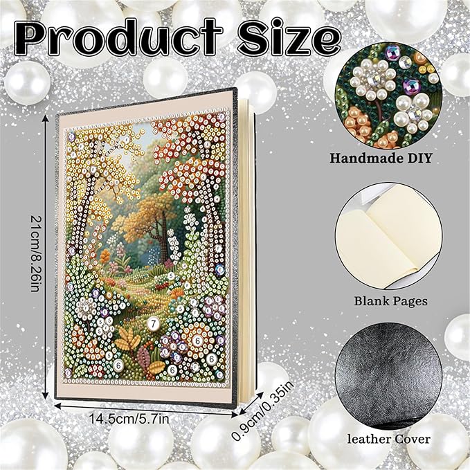 FRANDEK Pearl Painting Notebook Kit, Autumn Forest A5 DIY Journal with 50 Blank Pages, Diamond Gem Art Cover with Waterproof Canvas, Beginner Craft Set with Full Tools for Adults