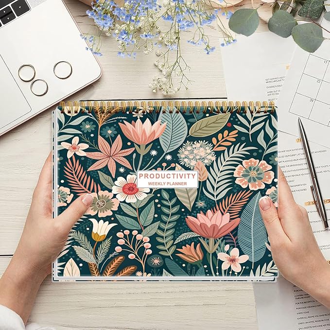 Weekly Productivity Planner - 8.5" x 11" Dashboard Desk Notepad Has 6 Focus Areas to List Tasks for Goals, Projects, Clients, Academic or Meal-Organize Your Daily Work Efficiently, 54 Weeks, Flower-C