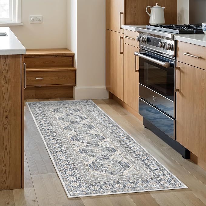 2x5 Runner Rug Kitchen Washable:Oriental Indoor Hallway Runners with Non Slip Backing Floor Mat for Entryway Door Low Pile Thin Carpet for Bedroom Bathroom Living Room Bedside (Blue, 2x5)