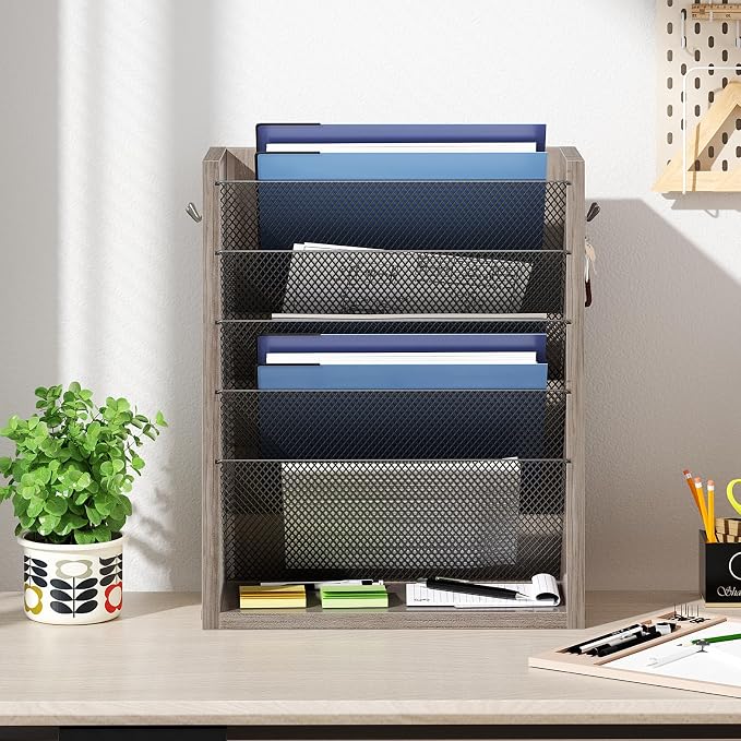 Creso hom Mail Organizer Wall Mounted, Mail Sorter with 2 Key Hooks, 6-Slot File Organizer for Wall or Desk, Wood Letter Holder Envelopes Bills Accessories for Home Office, Greige