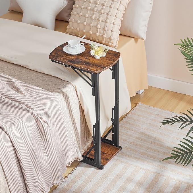 MAHANCRIS Set of 2 Folding C Shaped End Table, Adjustable Small Sofa Side Laptop Desk, Foldable Couch TV Tray Table for Small Spaces, Living Room, Bedroom, Rustic Brown ETHR4101S2