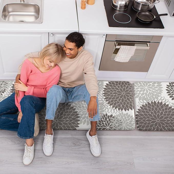 KIMODE Anti Fatigue Kitchen Mats for Floor Cushioned Kitchen Rugs Sets of 2 | 17"x59"+17"x29",Floral,Grey,Non-slip,Waterproof,Kitchen Runner Rug,Comfort Foam Paded Mat for Floors Office Laundry Sink