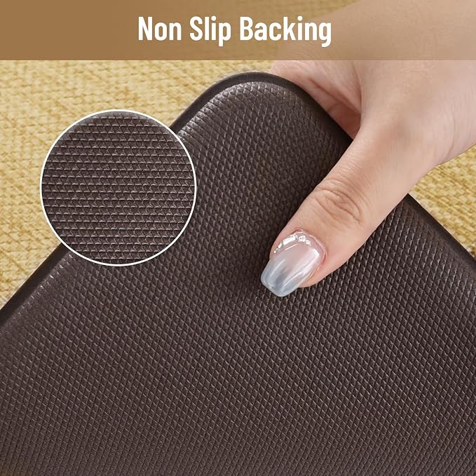 KIMODE Anti Fatigue Cushioned Kitchen Mats for Floor 2 Piece, Boho Vintage Kitchen Rugs Non Skid, Comfort Memory Foam Standing Desk Mats for Laundry Office Sink 17.3"x29"+17.3"x59" Brown/Khaki