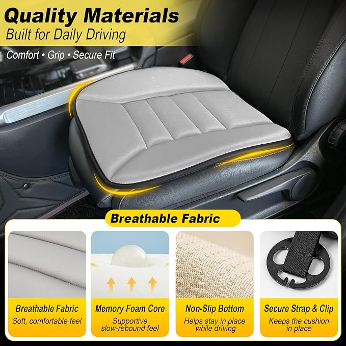 kingphenix 3-Piece Memory Foam Car Seat Cushion Set for Driving Comfort | 2 Front Seat Cushions and 1 Rear Bench Pad, 1.2-Inch Memory Foam, Non-Slip Bottom for Sedan, SUV, Truck and Van, Gray