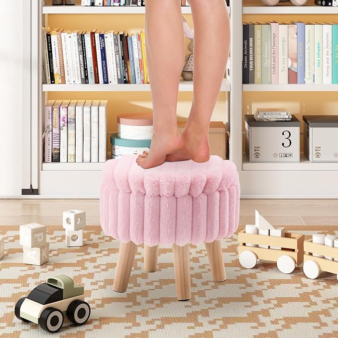 Wimarsbon Storage Ottoman, Modern Round Footrest with Soft Padded Seat, Teddy Velvet Footstool with Wood Legs, Accent Small Table or Plant Stand for Hallway, Living Room (Light Pink)