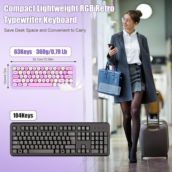 Wired RGB Creamy Typewriter Keyboard. 65 Percent Retro LED Membrance Gaming Keyboard. Small Ergonomic Optical Teclado with ABS Backlit Unreplaceable Round Keycaps. for Laptop and Office PC. (Blue)