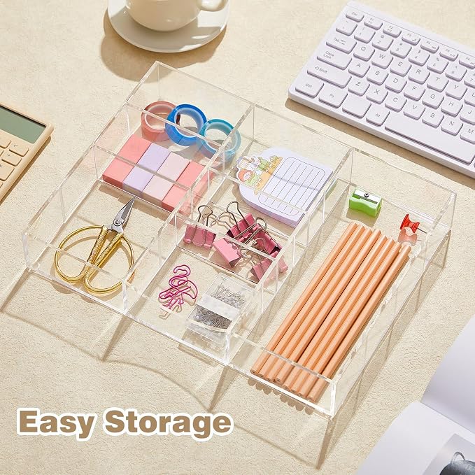 Briwooody Clear Acrylic Drawer Organizer,9 Compartments,Medium | 8.66 x 11.81 x 1.97 Inch Desk Storage Tray Organizer for Pen, Stationery, Desktop, Office, Bathroom, Kitchen, Makeup Supplies