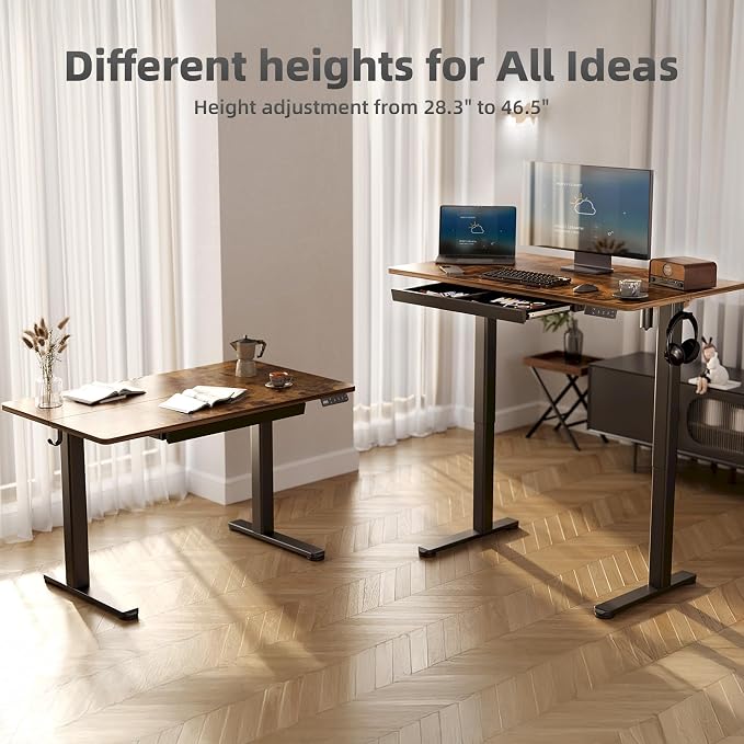 YDN Electric Standing Desk with Drawer 48 x 24 Inch Rustic Brown | Industrial-grade steel frame supports 176 lbs, 28.3 to 46.5 inch height range, 25.6 x 12.6 inch drawer with 11 lb capacity