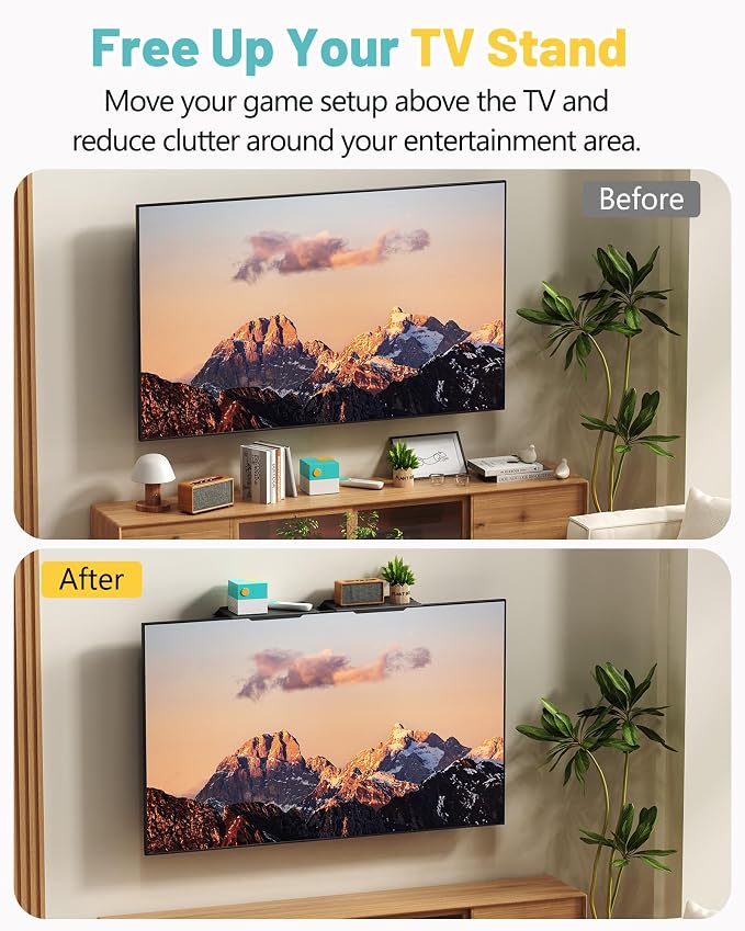 TV Top Shelf, 2 Pack Monitor Top Shelf No Drilling TV Shelf for Cable Box, Router, Streaming Device, Game Console, Remote, TV Accessories for Apple tv Mount,Keep Organized and Secure
