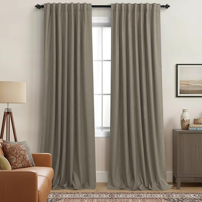 KOUFALL Dark Taupe Brown Curtains 108 Inches Long Blackout Linen Back Tab Single Pleated Drapes for Living Room 2 Panels Set
