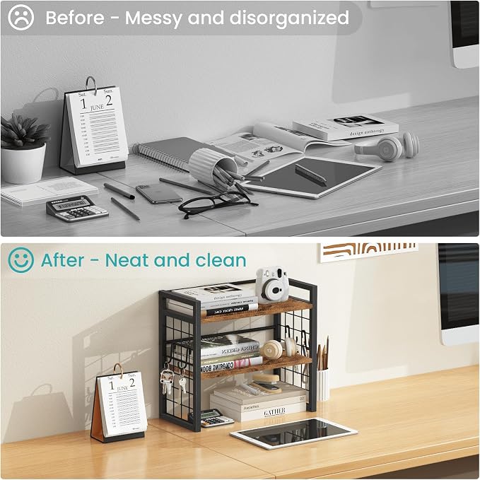 ELITEROO Desktop Shelf Organizer, 2 Tier Wood Desk Bookshelf, Rustic Brown | Desk Top Storage Rack for Office, Dorm, or Bedroom Decor, Small Tabletop Shelf for Books, Plants & Accessories