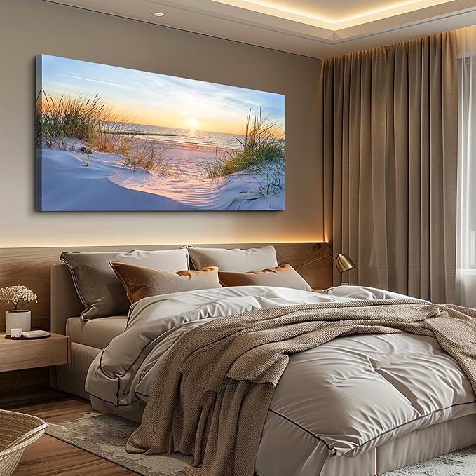 Wall Art For Living Room Large Size Wall Decorations Pictures Blue Sun Beach Grass Ocean Landscape Painting Office Wall Decor Canvas Prints Ready To Hang For Home Decoration Works Of Art 24" X 48"