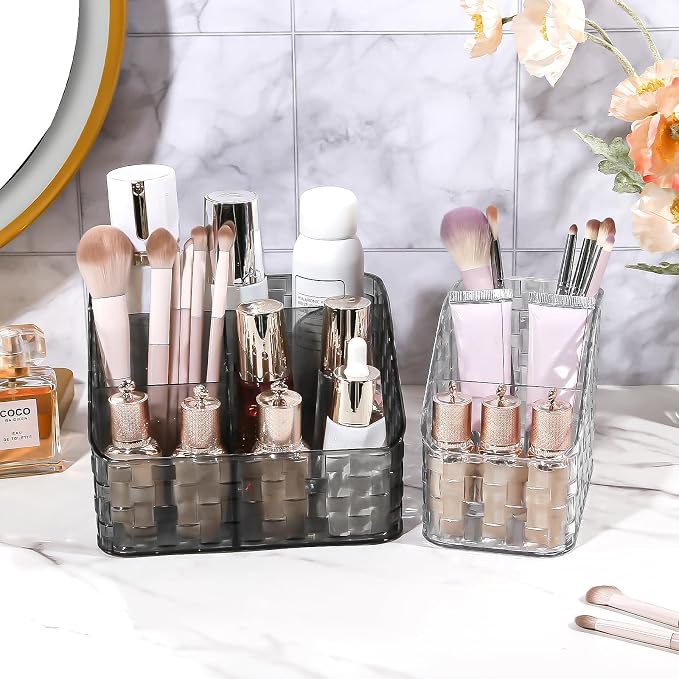DASITON Makeup Brush Holder Organizer, 3 Slots Acrylic Makeup Brushes Storage Cup, Woven Texture Make Up Brush Holder for Vanity Bathroom Office, Pen Holder for Desk, Cosmetic Display Cases (Clear M)