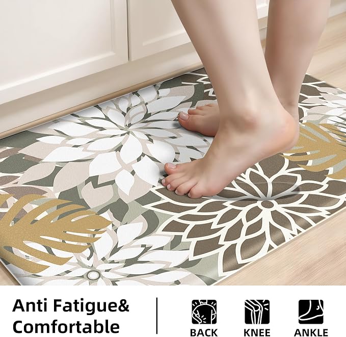 Kitchen Mats for Floor 2PCS Cushioned Anti Fatigue Kitchen Mats Waterproof Non Slip Kitchen Mat Rug Set Comfort Foam Standing Mat for Sink, Laundry, Office,17.3" x 28" + 17.3" x 47", Brown White