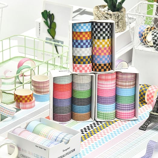 12 Rolls Grid Washi Tape Set Plaid Arts Adhesive Tapes Basic Patterns Decorative Masking Tape Sets for Craft, Kids, Scrapbook, DIY, Gift Wrapping (Style One)