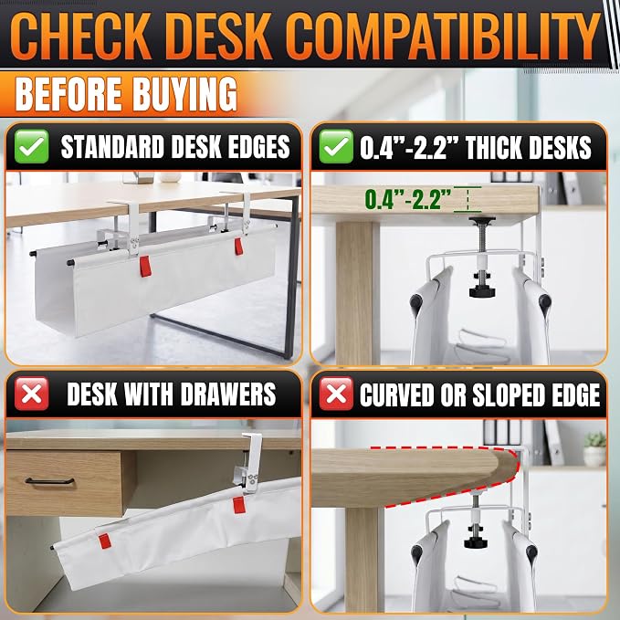 Under Desk Cable Management Tray 28" — No Drill Clamp-On Cord Organizer for Desk with Built-in Ties, Heavy Duty Metal Clamp, Foldable 600D Oxford Fabric for Home Office, WFH & Gaming PC Setup (White)