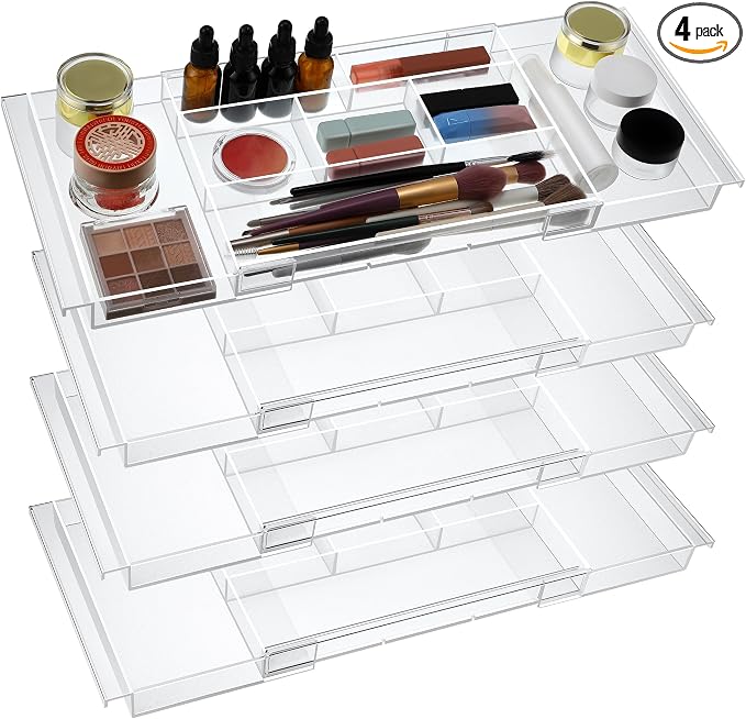 4pack Shallow Expandable Drawer Organizer, Adjustable 12.5”–20” Clear Plastic Drawer Organizer Tray for Vanity Bathroom Desk Kitchen Drawers, Multi Compartment Storage