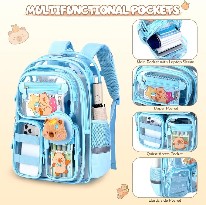 Capybara Theme Clear Backpack, 28Pcs School Supplies Stationery Transparent Backpack Set with Lunch Box Pencil Case Pens Notebooks for Kids Girls Elementary Middle School Stadium Approved