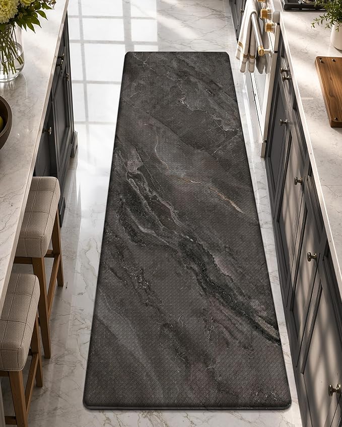 Color&Geometry Kitchen Mats for Floor 24x87 Black Marble Design | Non Slip Kitchen Runner, Easy Clean, Oil/Water Proof, 0.4in Thick Antifatigue Standing Mat For Laundry/Office, Home Decor