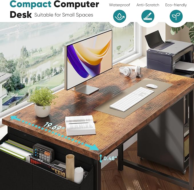 OLIXIS Computer Desk, 44 Inch Home Office Desks for Small Spaces, Writing Craft Study Gaming Table for Bedroom, Modern Computer Workstation with Storage Bag and Headphone Hook, Rustic Brown