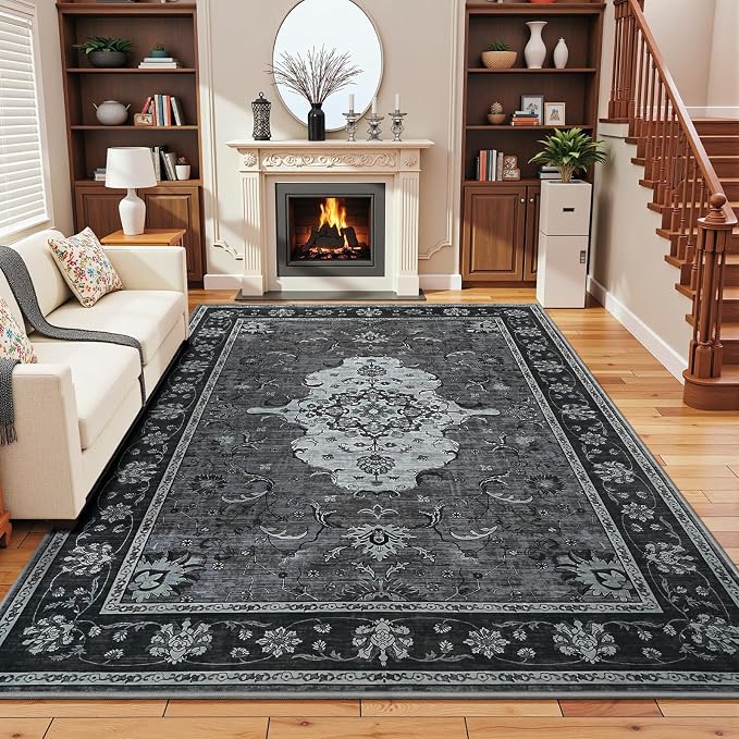 5x7 Area Rugs, Washable Rug for Living Room, Non-Slip Carpet, Dining Room Carpets for Bedroom Entryway, Vintage Floral Medallion, Low Pile, Soft Mat Black/Grey