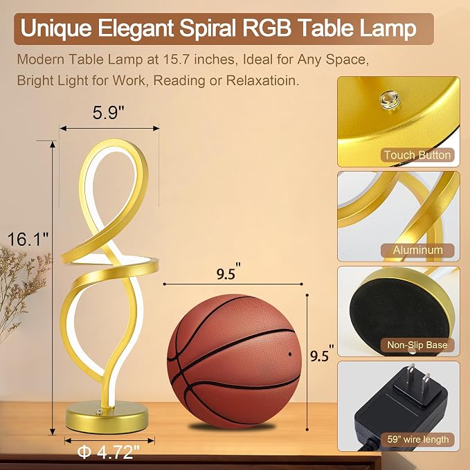 Mayful Modern RGB Table Lamp with 15W LED Unique Spiral Design, Gold Small Nightstand Lamp & Bedside Lamps, Touch Dimmable with 7 Colors & 10 Modes for Bedroom, Living Room, Home Office