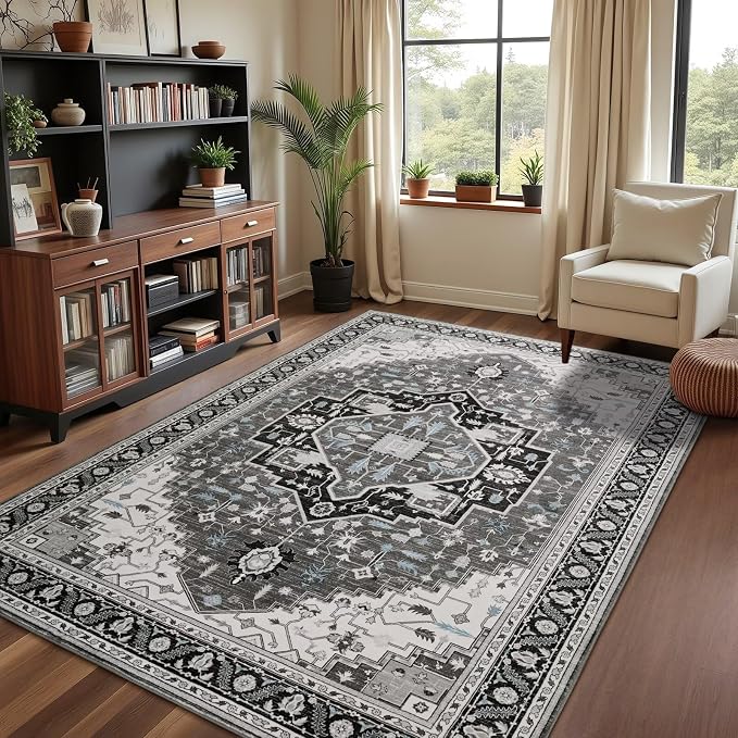 Macgace 4x6 Black Grey Area Rug for Living Room, Machine Washable Rugs with Non-Slip Backing for Bedroom, Vintage Medallion Carpet Kitchen Laundry Kids Room Decor