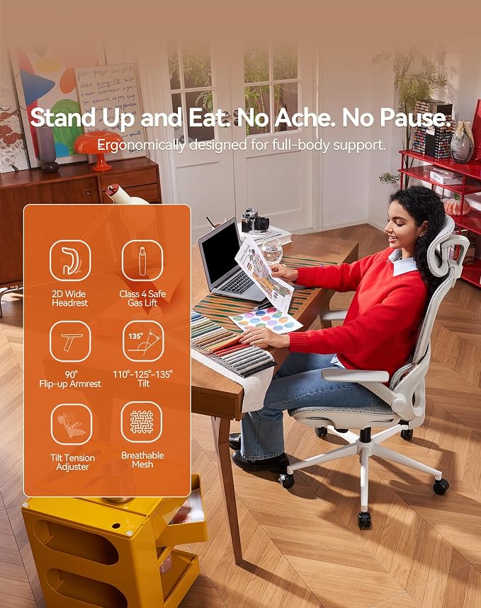 SIHOO B100 Office Chair, Comfy Ergonomic Office Chair, High Back Computer Chair with Adaptive Lumbar Support & wide Headrest, Flip-up Armrests, Swivel Desk Chair for Long Hours, WITHOUT Footrest, Grey
