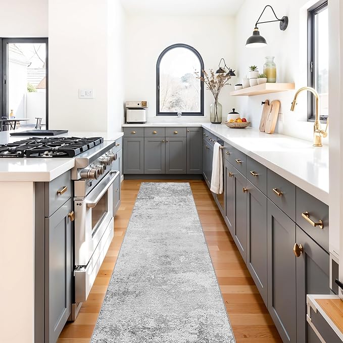RUUGME Washable Runner Rug 2x8: Abstract Hallway Runners Non-Slip Low Pile Rugs for Kitchen Entryway Laundry Stain Resistant Ultra Thin Soft Carpet for Newlyweds Dorm Modern Home Decor (2X8 Grey)