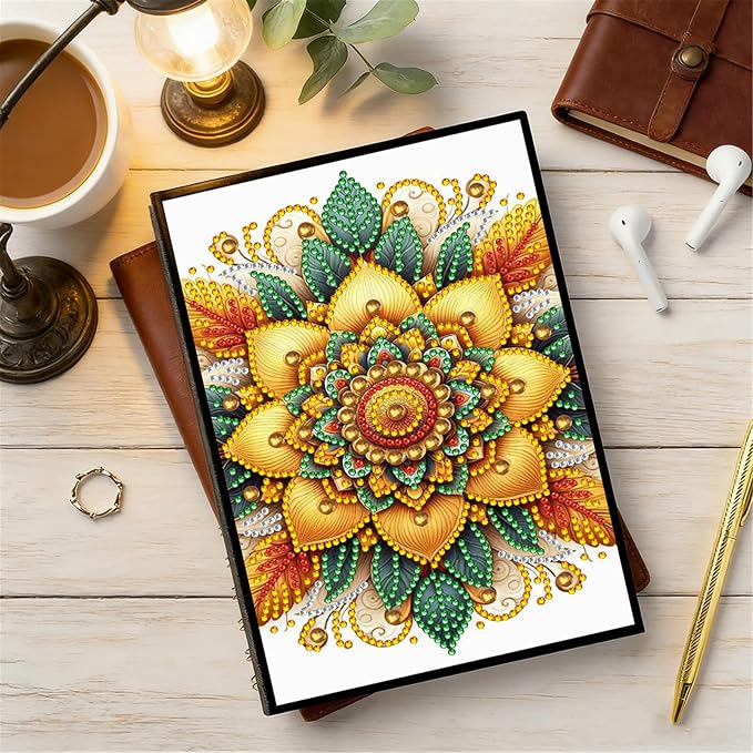 FRANDEK Diamond Art Painting Notebook Kit, Yellow Mandala A5 DIY Journal with 50 Blank Pages, Crystal Rhinestone Cover with Waterproof Canvas, Beginner Craft Set with Full Tools for Adults