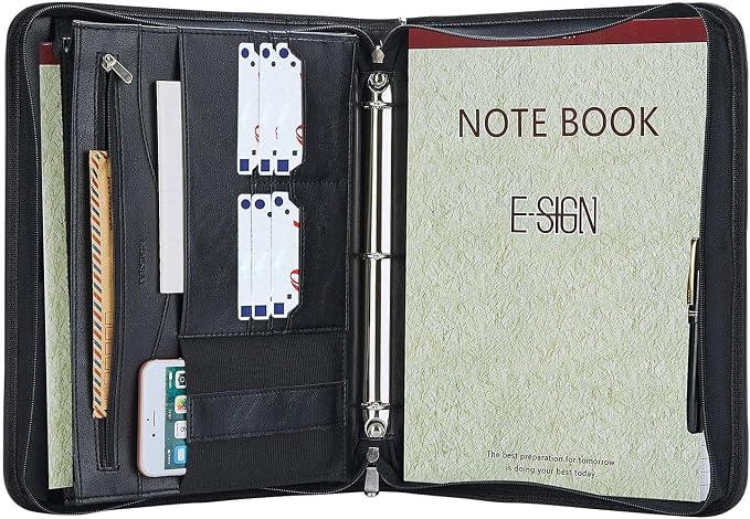 Zippered Padfolio Binder, Faux Leather Organizer with 3-Ring Binder, Left-Handed Design, Business Card Slots & Document Folders - Professional Padfolio for Office (Black)