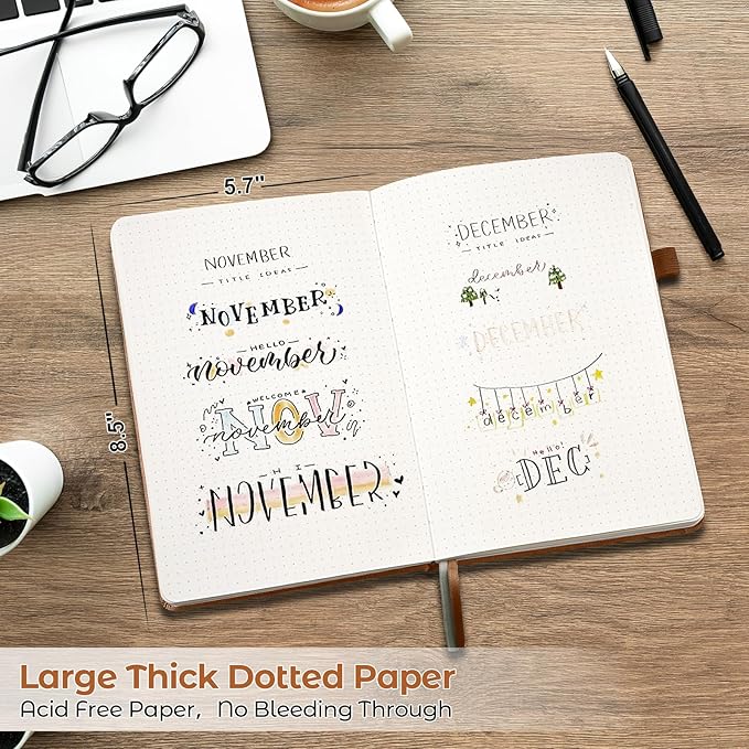 Dotted Journal, 5 Pack Hardcover Notebook, Dot Grid Notebook Journal for Women, Men, Large Leather Journals for Writing, Bullet, No Bleed Thick Paper, A5 Notebooks for Work, School, Notes, 5.7"x8.5"