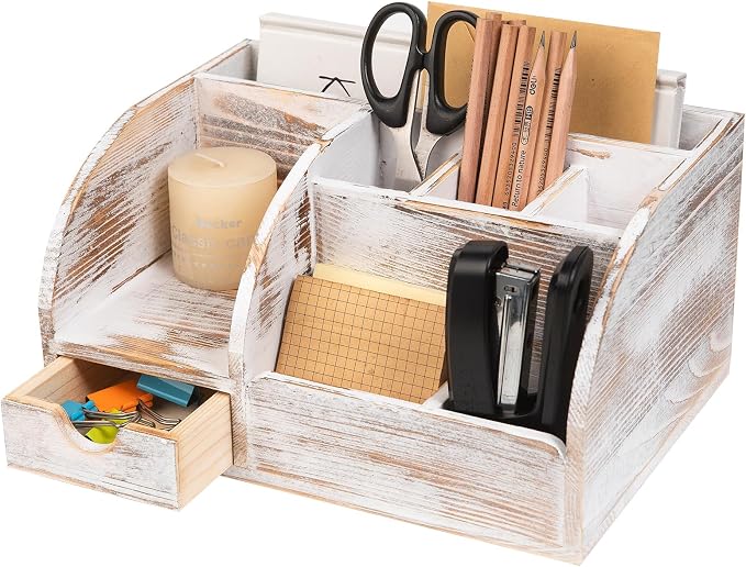 Office Desk Drawer Supply Organizer and Accessories, Wood Desk Organizer with 6 Compartments & 1 Drawer Binders Folder Papers Holder Pen Holder Office Desktop File Organizer (Washed white)