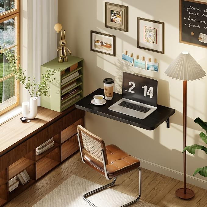 Dogsky Floating Wall Desk, 24" x 14" Wall Mounted Folding Table, Pine Wood Fold Down Wall Table, 100 lb Capacity Wall Mount Desk for Small Apartment, Laundry Room,Kitchen,Bar & Computer Use, Black