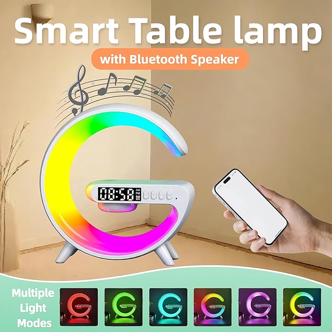 LED Table Lamp with Wireless Charger, G Shaped Night Light Lamp with Bluetooth Speaker, Sunrise Alarm Clock, Smart Mini Atmosphere Lamp for Bedroom, Office, Living Area (White)
