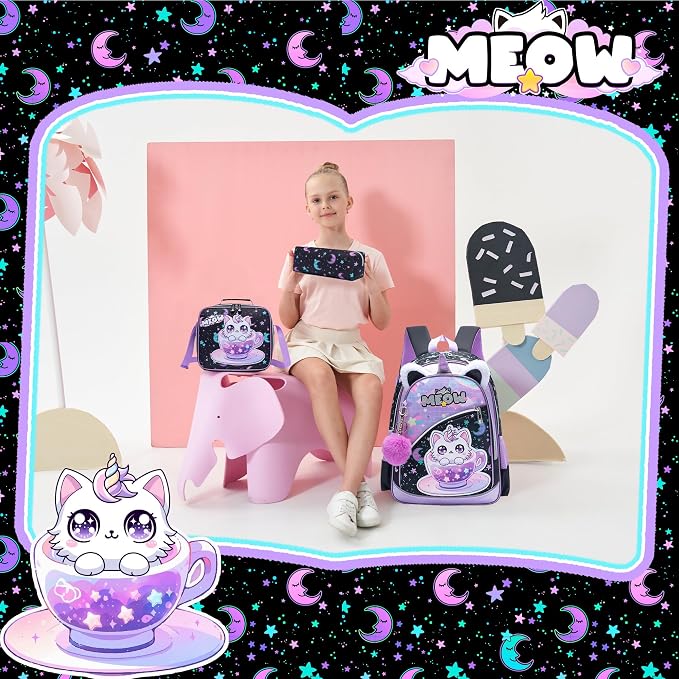 Meetbelify Backpack for Girls School Backpack with Lunch Box for Elementary Student Teen Girls Cute Cat School Bag Kids Bookbag for Girls 8-10 Purple