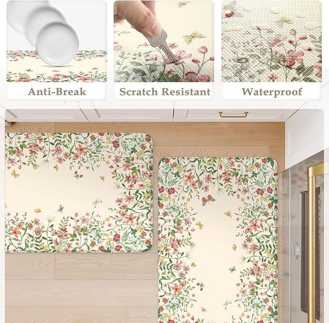 KIMODE Anti Fatigue Kitchen Mats for Floor 2 Piece, Cushioned Floral Kitchen Rugs, Memory Foam Kitchen Floor Mats, Summer Standing Desk Mats for Laundry Office Sink Beige 17"x47"+17"x29"