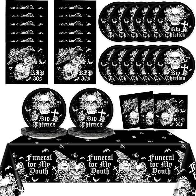Death To My 30s Birthday Party Supplies Serves 24 Rip 30s Party Decorations 40th Paper Plates Napkins Disposable Black 40th Birthday Tablecloth Set Tableware Kit for My Youth Funeral