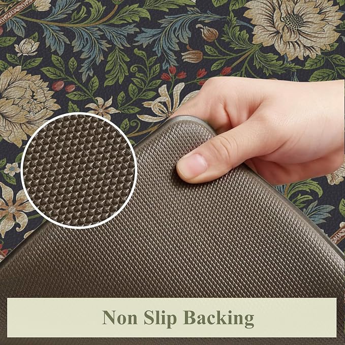 KIMODE Kitchen Mats for Floor Anti Fatigue,Cushioned Runner Rug | Black,Vintage Boho Floral Runner Rug Non Slip Waterproof, Wide Long Padded Kitchen Floor Mat for Laundry Sink Office Home